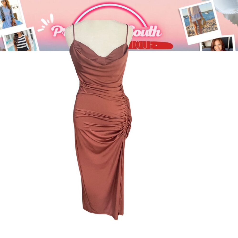 Mocha Brown Cowl Neck Formal Rouched Maxi Dress S